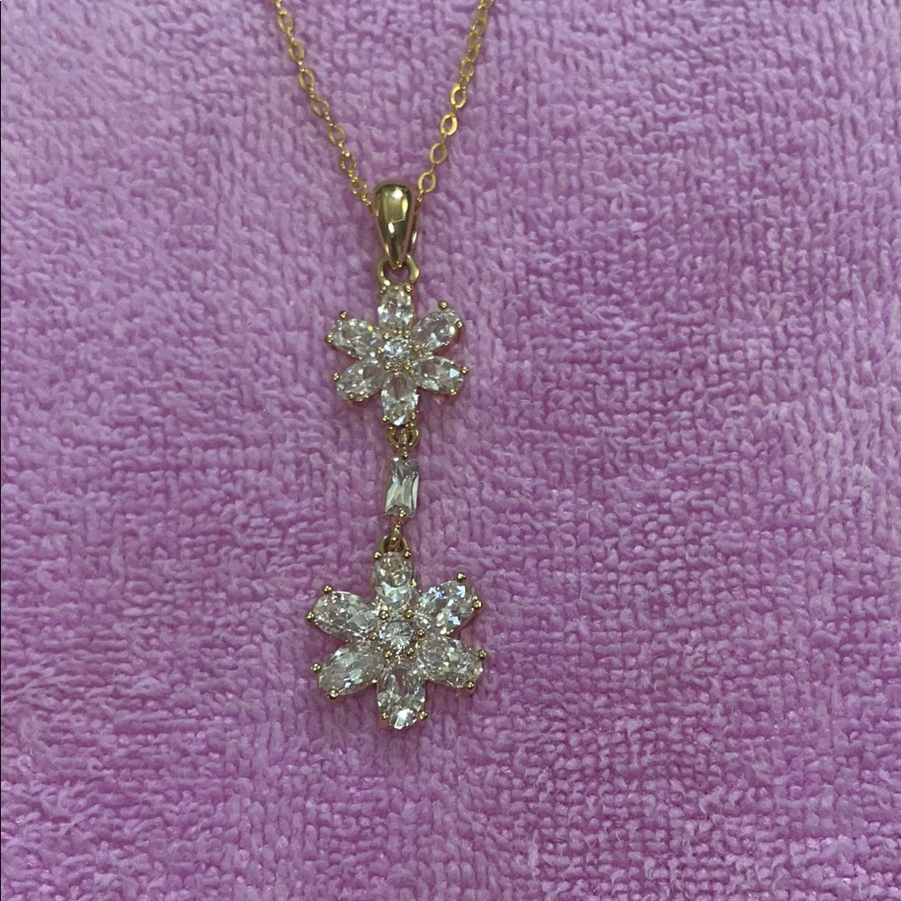 Floral/Snowflake Double Drop Gold Necklace with Clear Crystal Accents